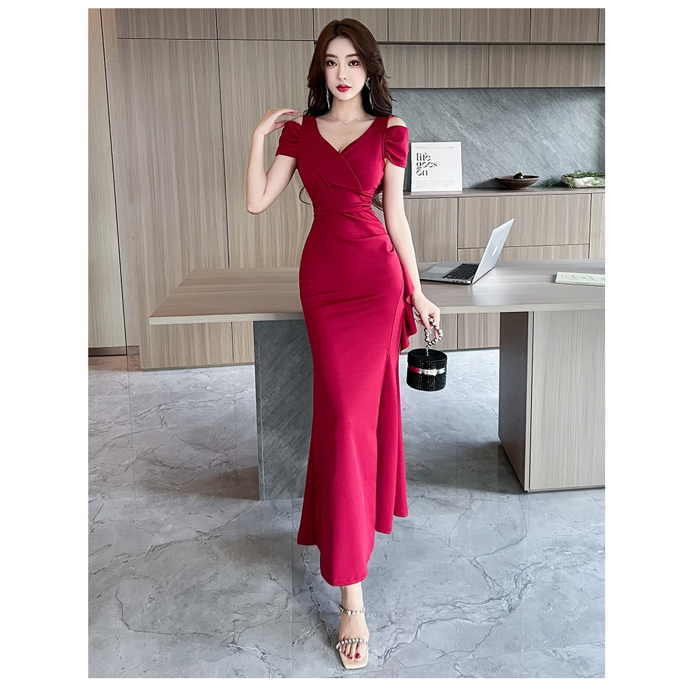 性感低胸露肩晚礼服高级感连衣裙夏季2023新款女夜总会技师工作服