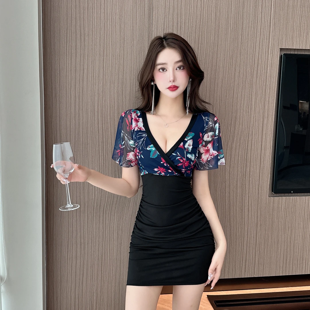 夜店性网纱印花撞色拼接连衣裙足浴技师工作服遮肚显瘦包臀短裙子