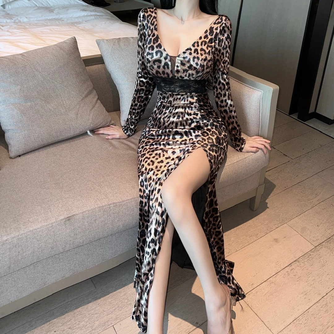 夜总店连衣裙夜总会高级感气质v领性感丝绒礼服长裙足浴技师工作