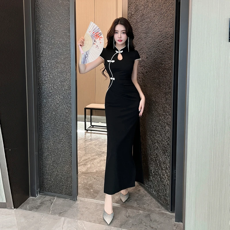 2024年新款女夏夜总会性感短袖晚礼服开叉复中长裙夜场上班工作服