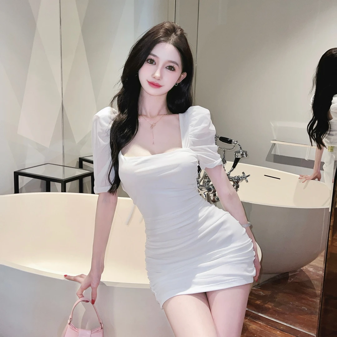 夏季2024新款女法式性感网纱泡泡袖紧身短袖包臀连衣裙显瘦小短裙