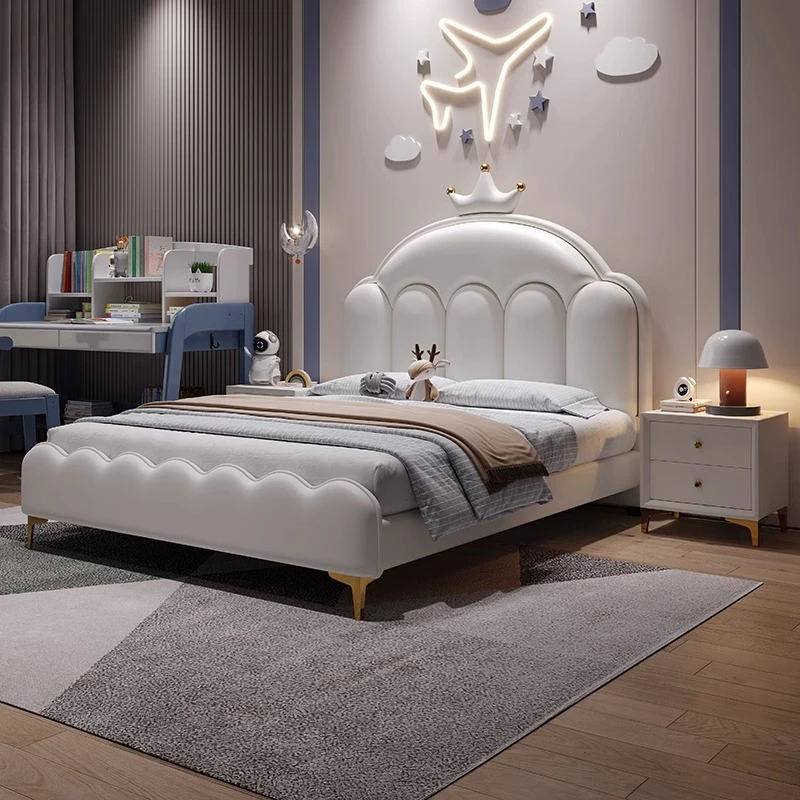 儿童床男孩现代简约单人床卧室床皇冠公主女孩床储物床白色软包床