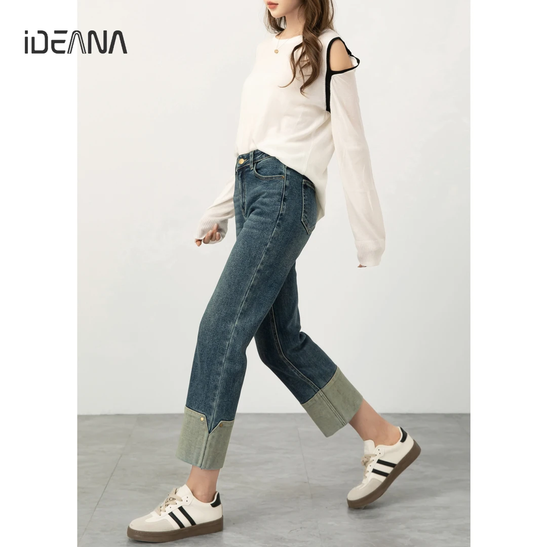 4C023撞色拼接直筒牛仔裤女2025春季新款高腰九分裤显瘦烟管裤子