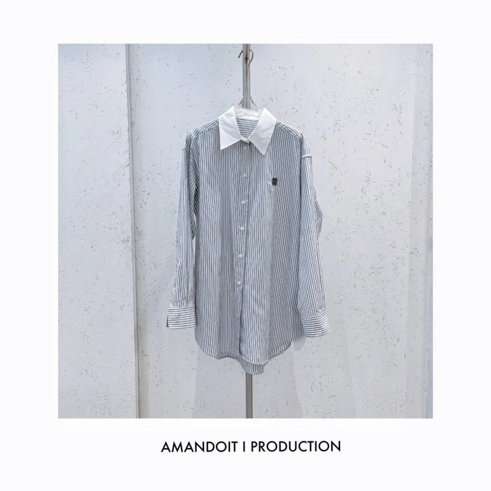 3585丨竖条纹小logo长袖中长款吃衬衫