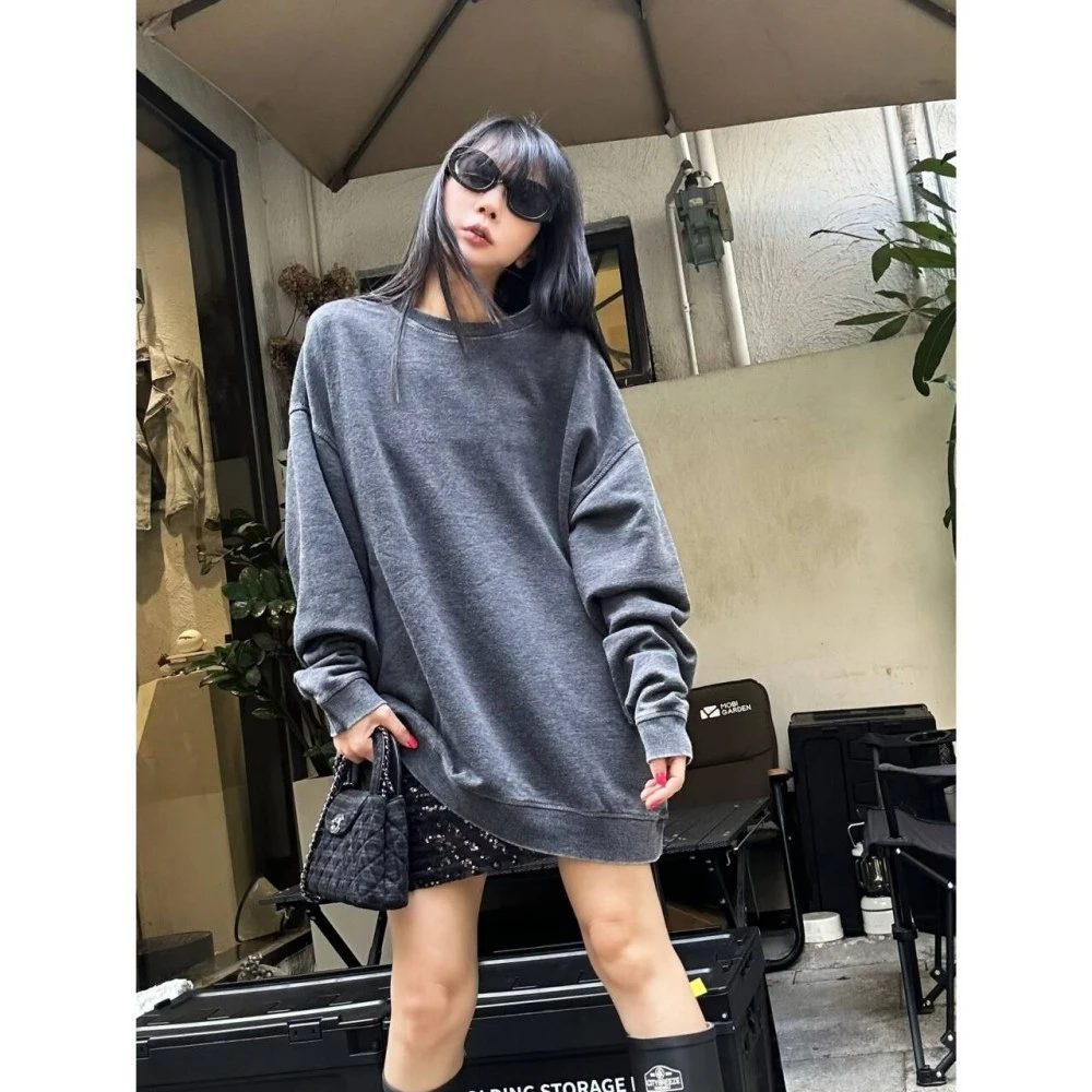 3458丨圆领纯色长袖中长款T恤