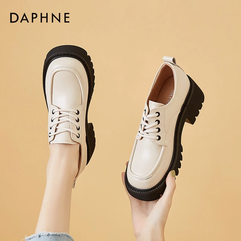 达芙妮2023新款休闲系带小皮鞋女英伦风一脚蹬女鞋春秋厚底乐福鞋