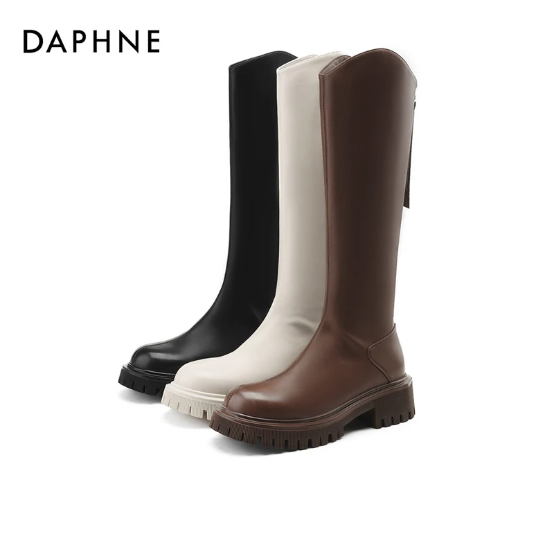 达芙妮女式英伦风秋冬厚底粗跟长筒时尚2023中跟拉链网红时装靴