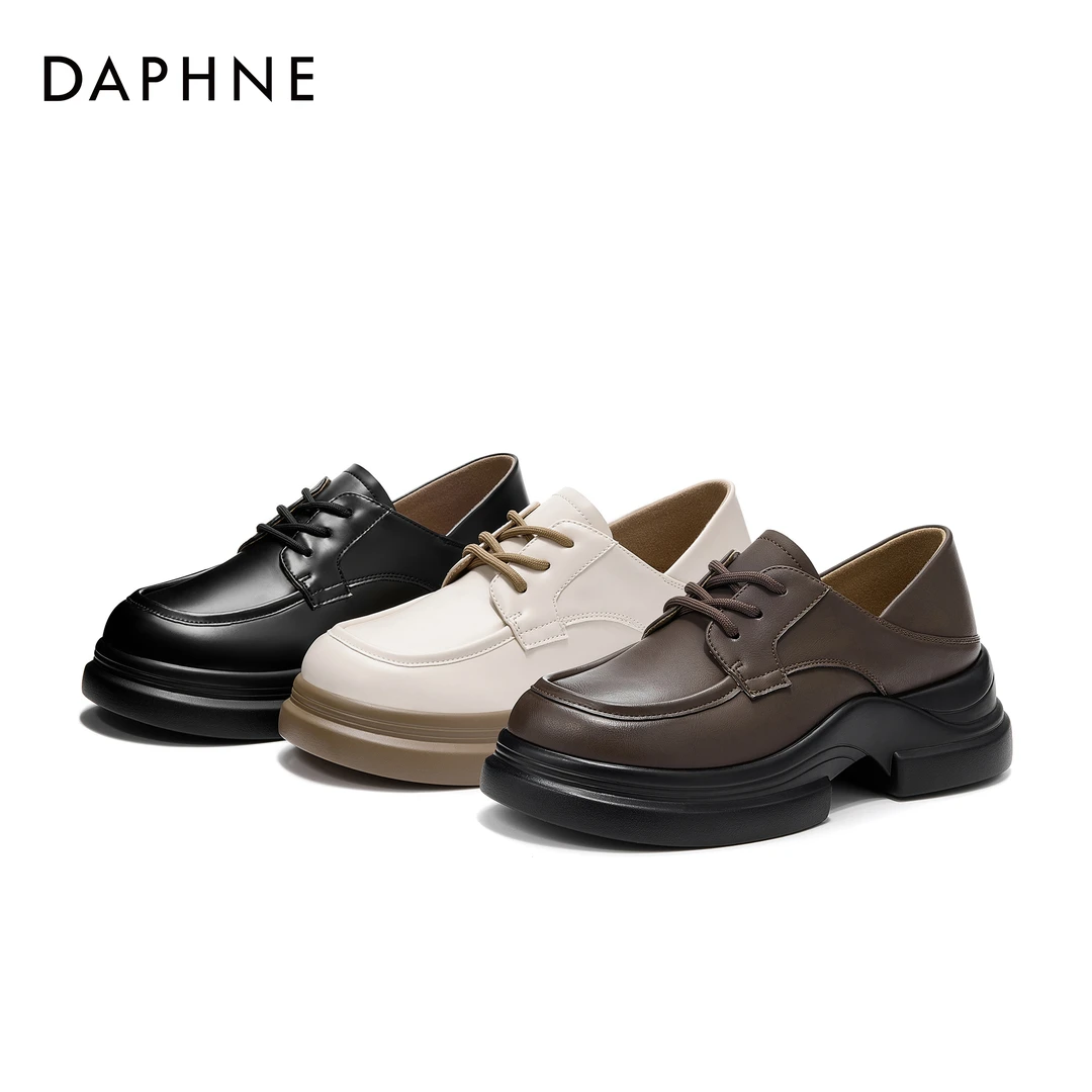 达芙妮女士时尚百搭粗跟复古英伦风秋季系带舒适圆头厚底乐福鞋