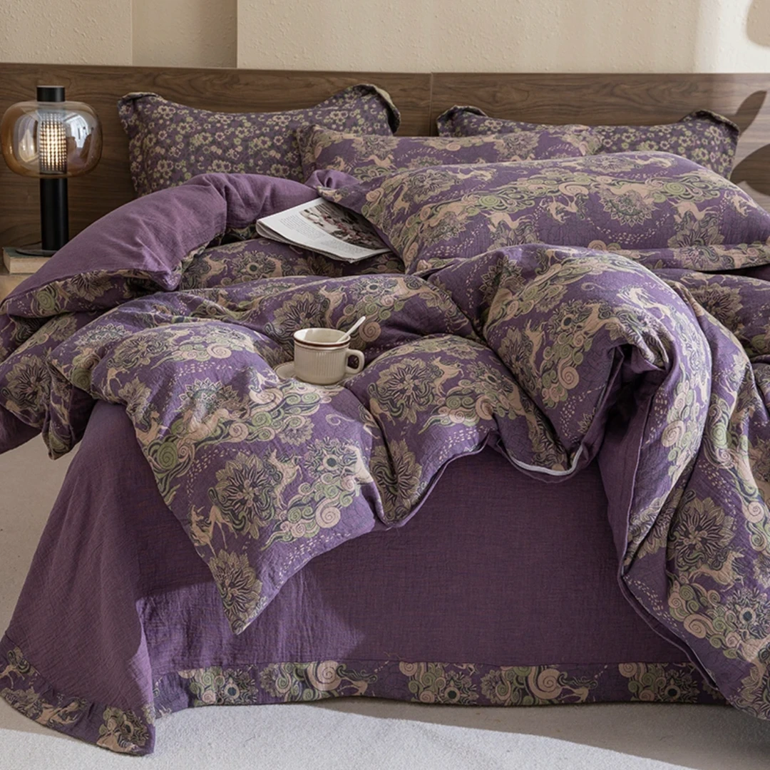 【马踏祥云-紫】全棉双层纱被套四件套