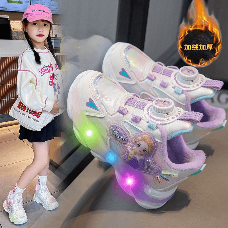 带灯爱莎女童运动鞋皮面透气加绒保暖棉鞋旋转纽扣女孩亮灯鞋软底