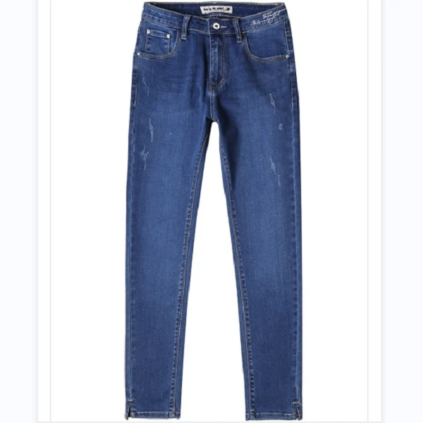 小魔鱼深蓝色牛仔裤女款修身小脚春夏新款开口显瘦弹力小直角长裤