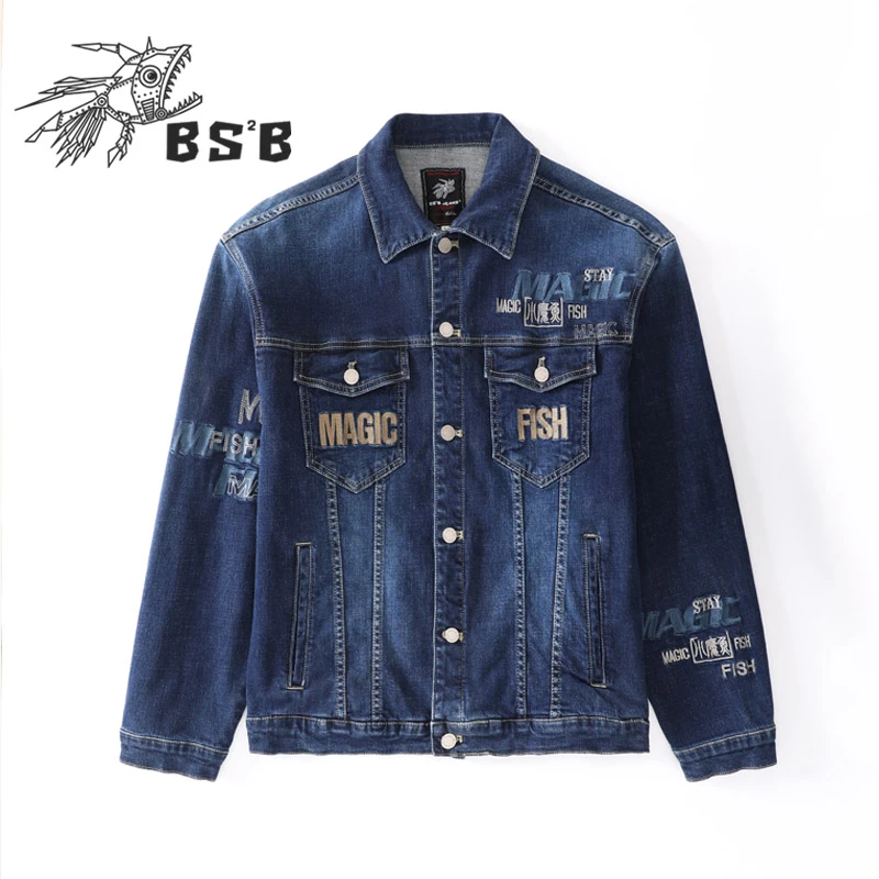 小魔鱼绣花牛仔外套男2024秋季新品重工鱼标刺绣潮流男装长袖夹克