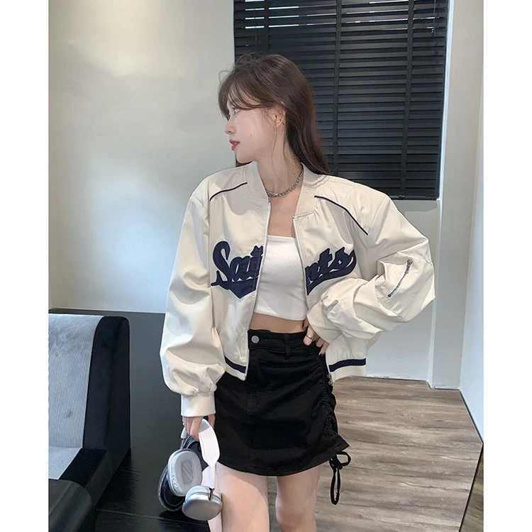 【612#】美式辣妹棒球服女秋季新款宽松短款设计感盐系刺绣夹克外套
