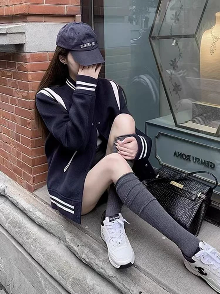 【花涂夹棉】2024美式学院风加棉拼接棒球服加厚外套宽松情侣款上衣