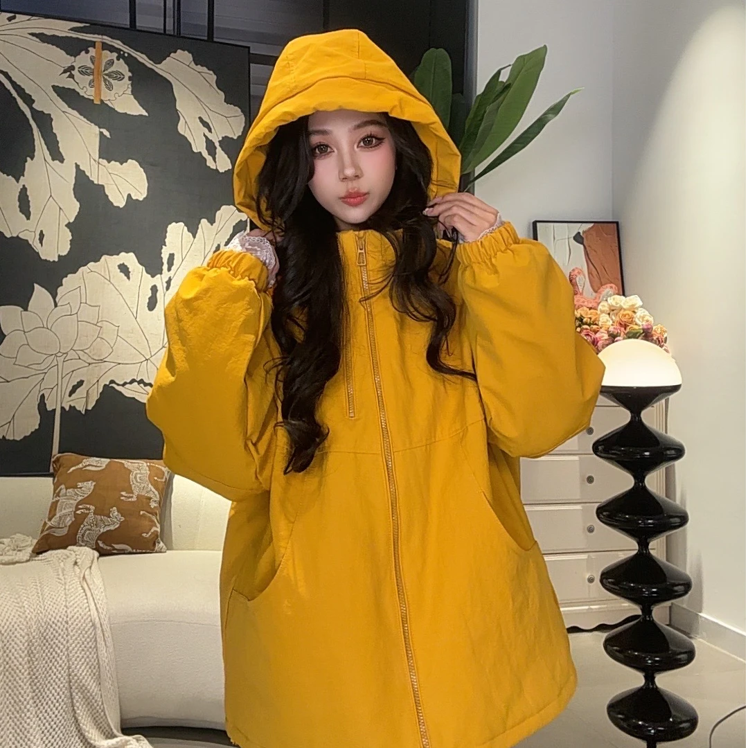 2024年冬季欧货时尚连帽双拉链廓版极简慵懒风黄色夹棉冲锋衣01