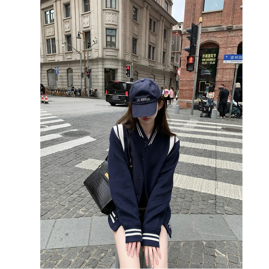 【花涂】2024美式学院风拼接棒球服双层加厚外套宽松情侣款上衣