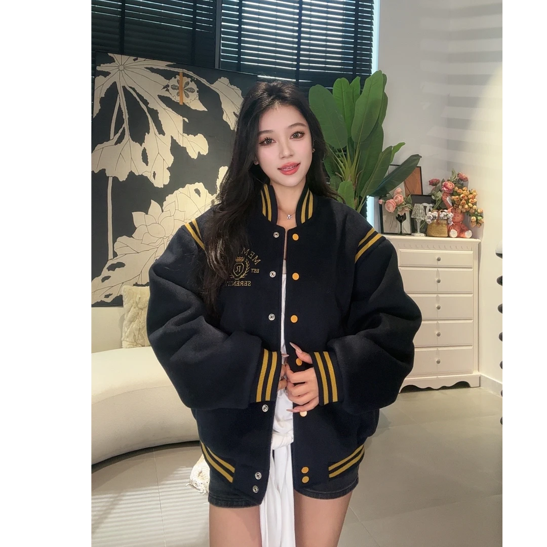 2024新款美式BF风夹棉宽松休闲美式复古藏青色棒球服外套夹克上衣