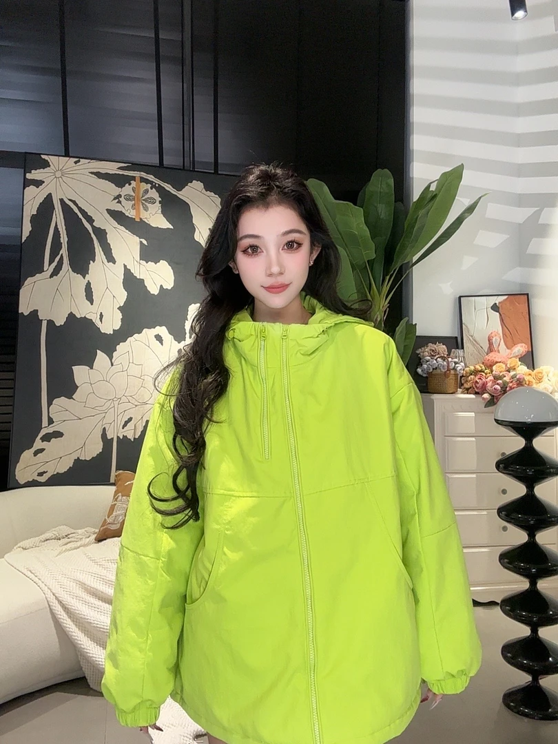 【莎姐】2024年冬季欧货连帽双拉链情侣廓版极简慵懒风黄色棉冲锋衣