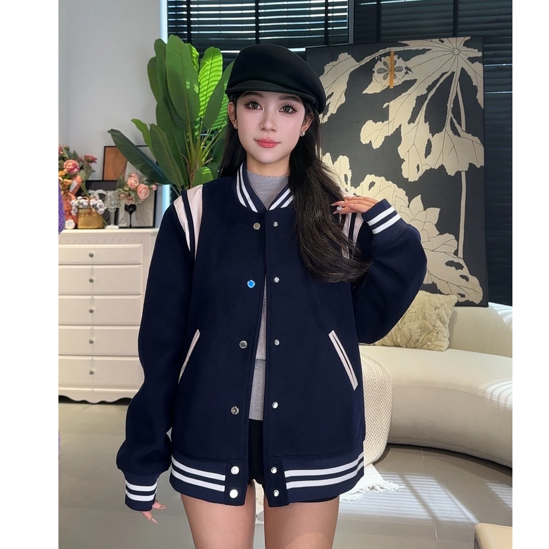 2024年潮流美式学院风拼接棒球服外套女秋冬季宽松情侣款夹克上衣