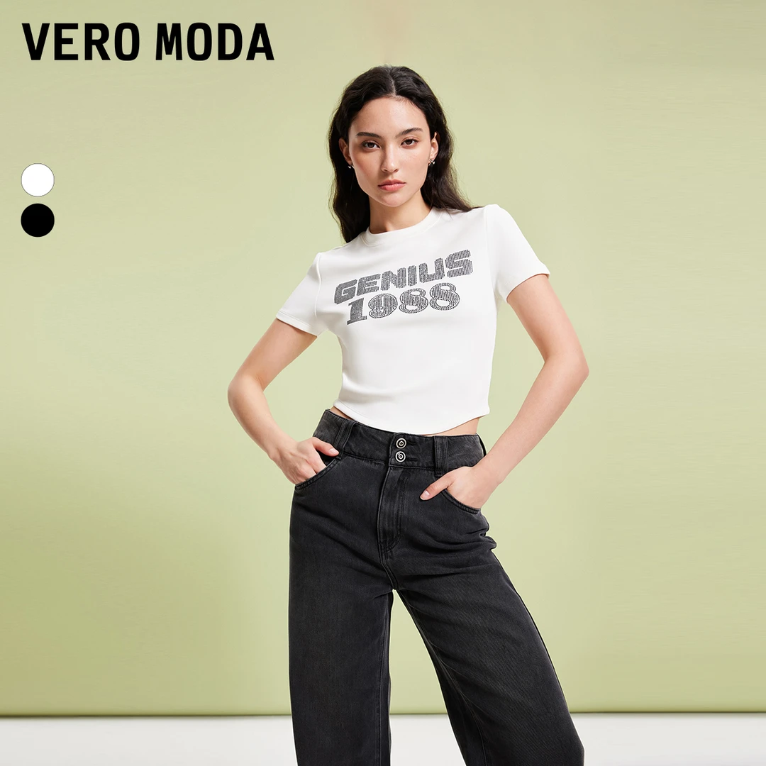 Vero ModaT恤春夏圆领短袖字母弧形下摆上衣洋气小众炸街高级感