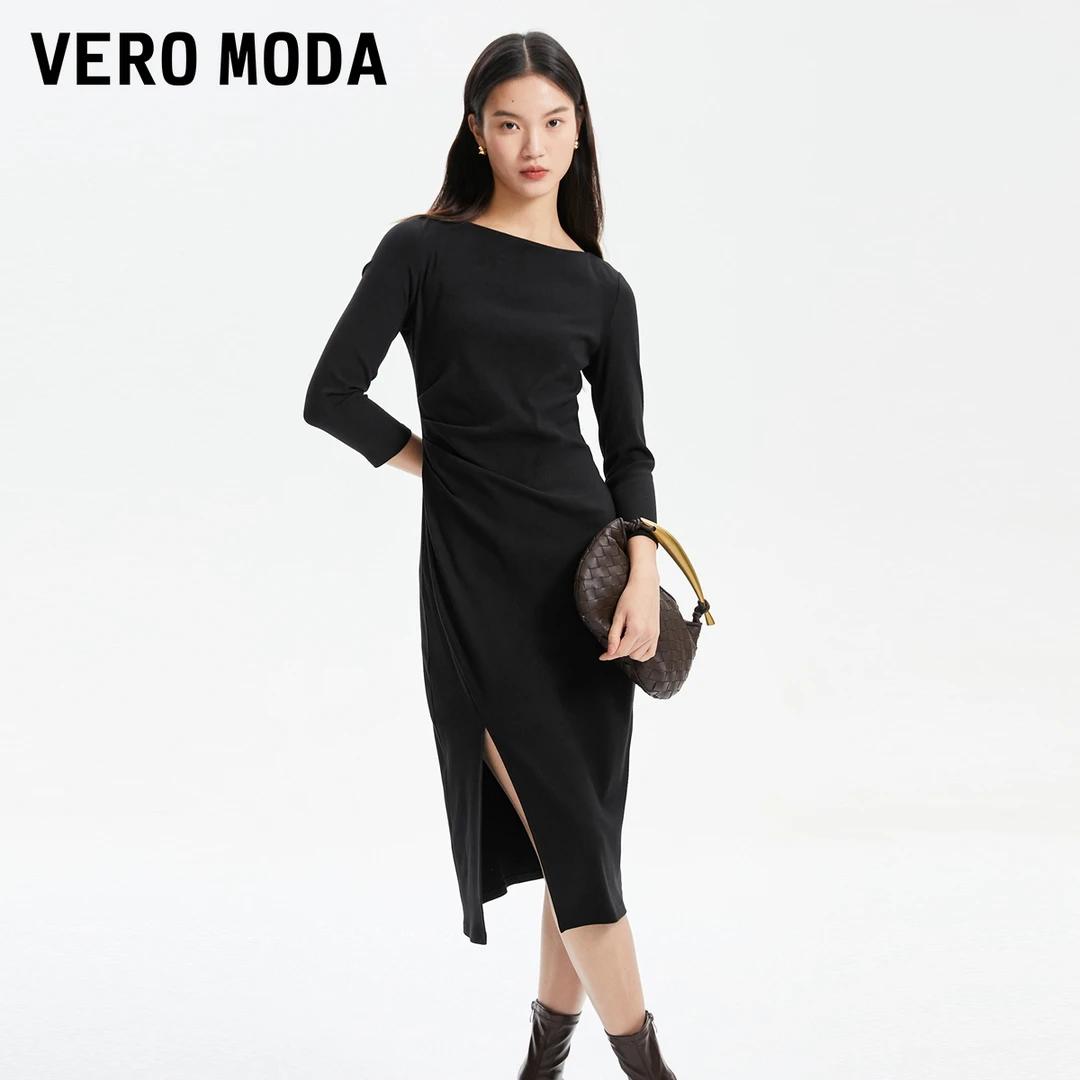 Vero Moda魔力塑身裙连衣裙七分袖开叉设计针织简约显瘦轻奢