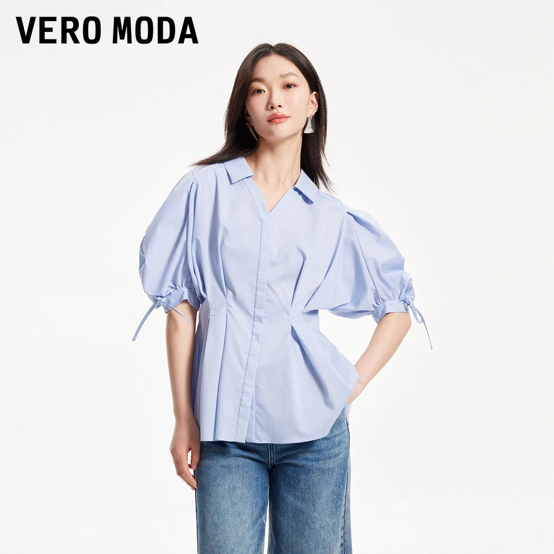 Vero Moda衬衫女春夏优雅气质五分袖收腰系带V领洋气通勤高级千金