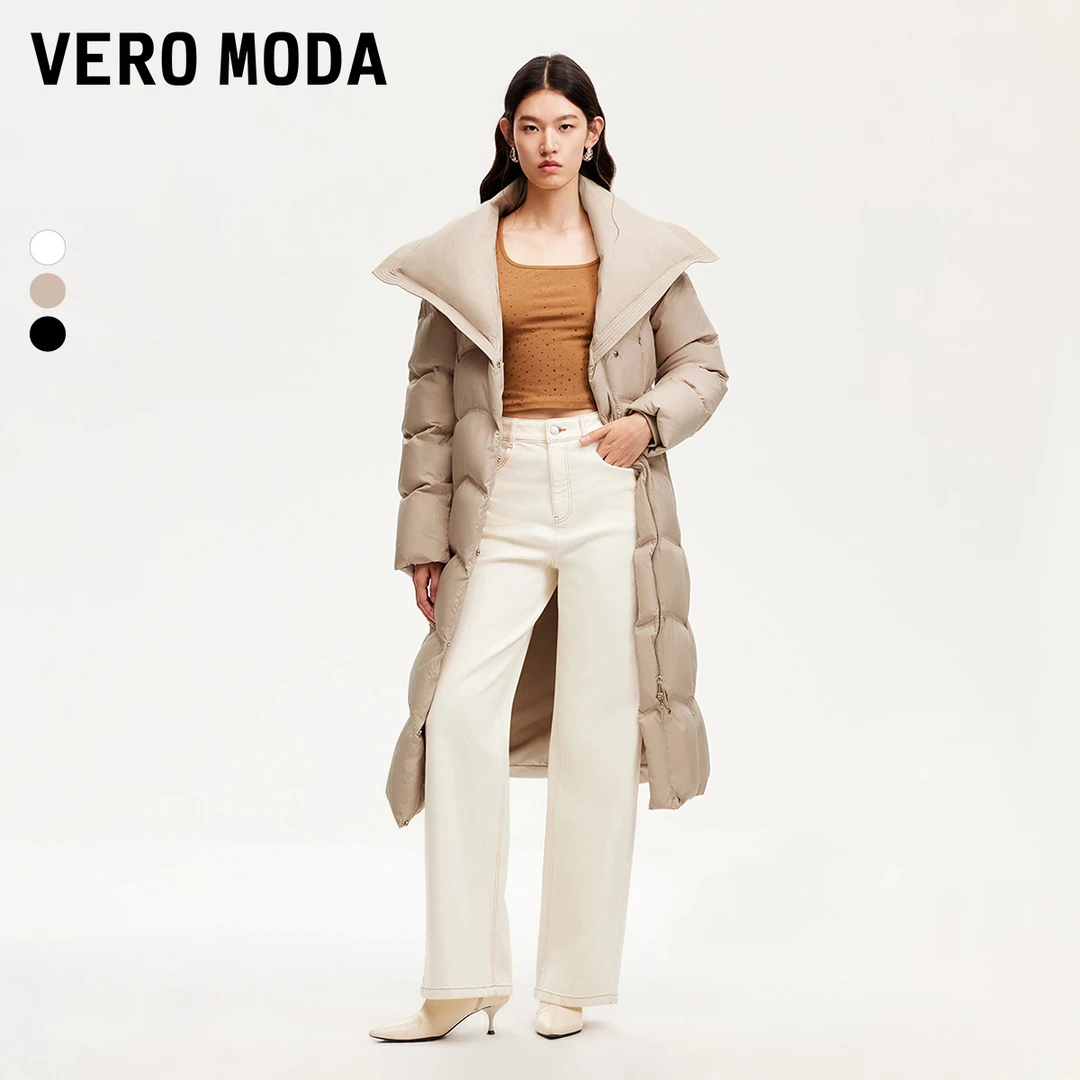 Vero Moda羽绒服女秋冬新款翻领磁吸扣长款收腰系带洋气休闲轻奢