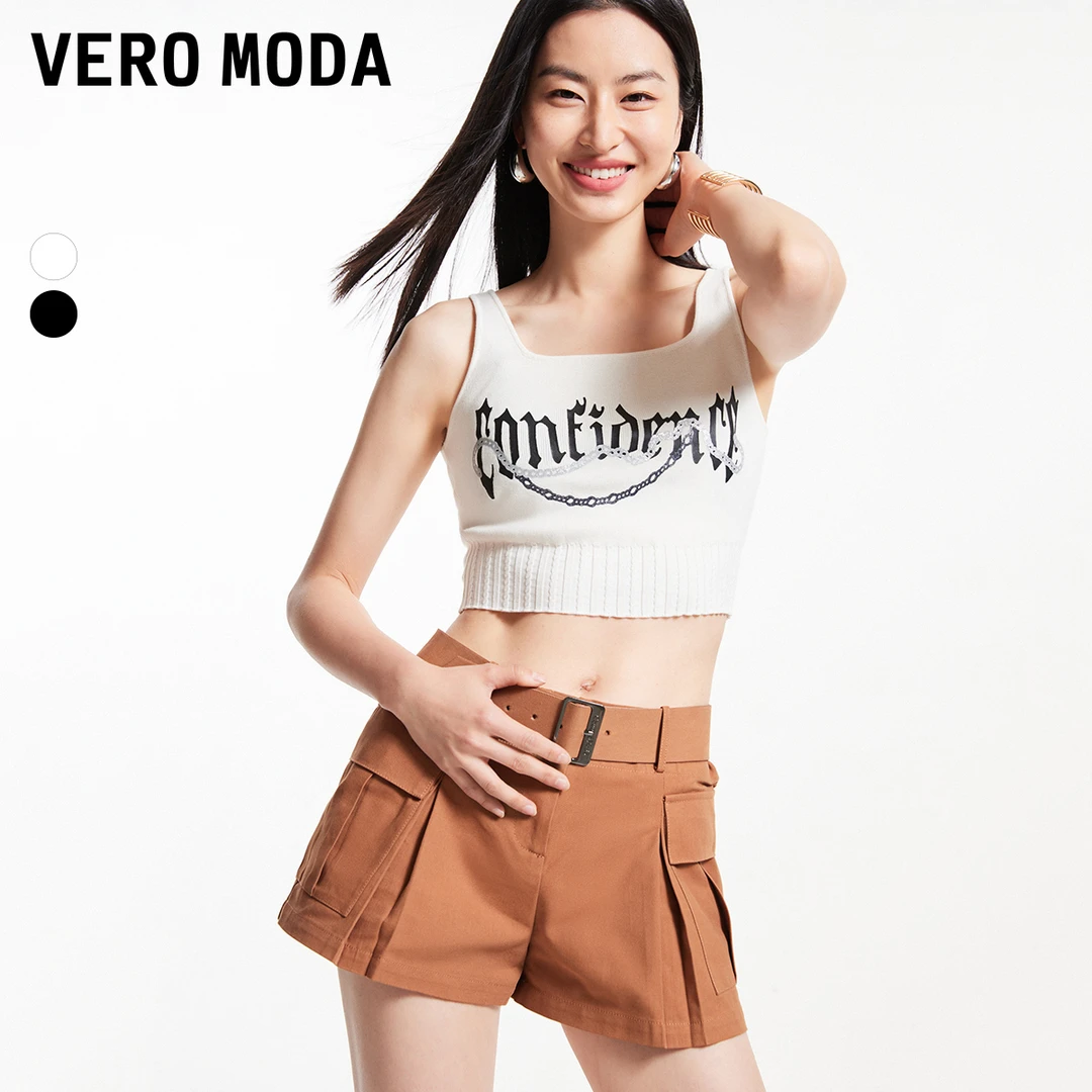Vero Moda针织衫方领无袖短款背心字母百搭时尚纯色洋气温婉大方