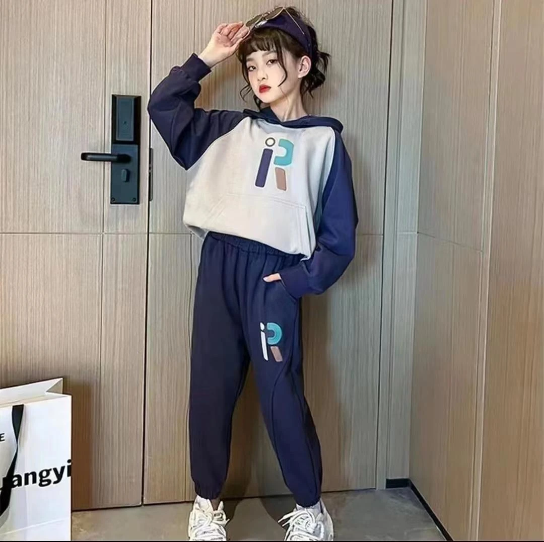 冬季新款中大童字母秋冬加绒款连帽卫衣亲子装休闲两件套时尚