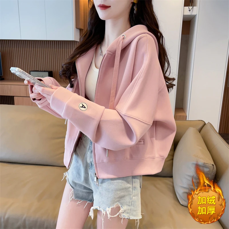 连帽设计感卫衣女加绒加厚2024新款宽松小个子短款休闲上衣外套