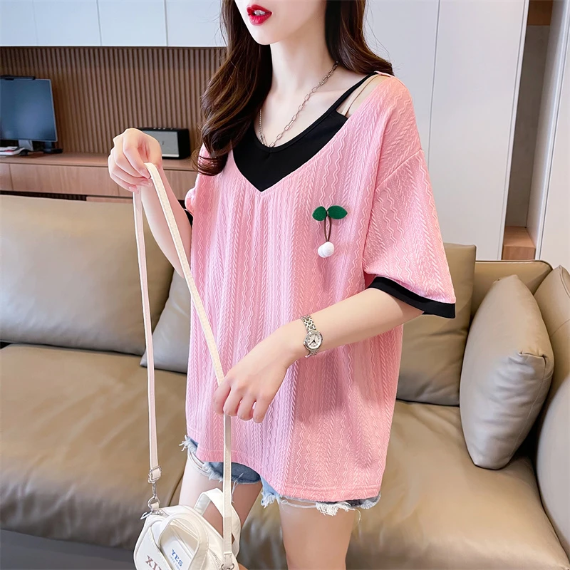 假两件t恤女短袖夏季新款时尚大码提花设计感小众小心机v领上衣