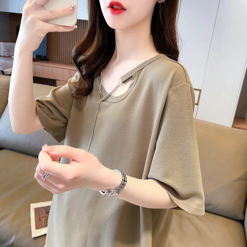 设计感小众短袖t恤女夏季韩版宽松大码中长款正肩小心机u领上衣服