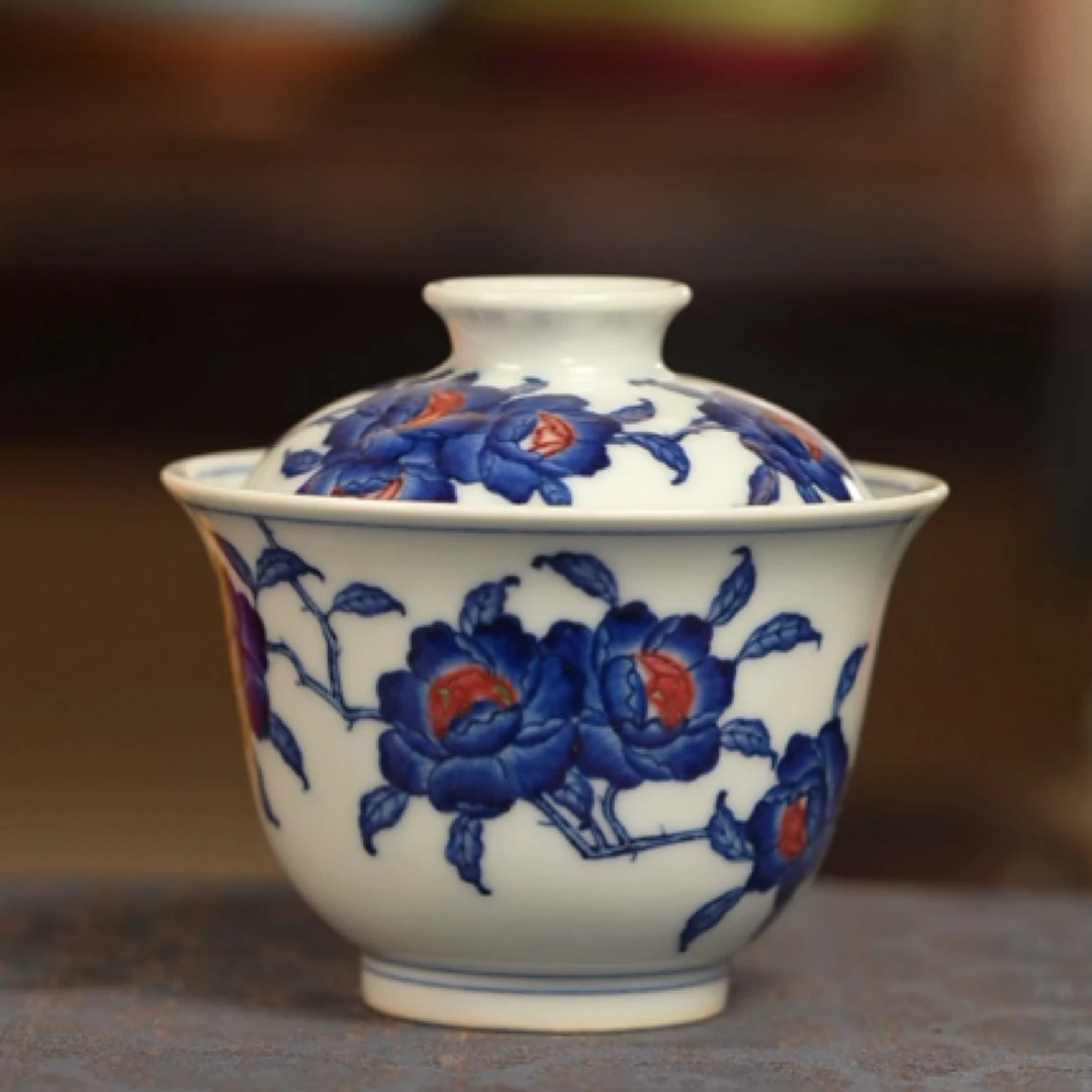 青如堂折枝月季青花釉里红盖碗陶瓷赵云七进七出救阿斗侘寂风茶具