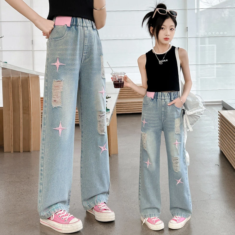 女童破洞牛仔裤2024夏季新款直筒女孩阔腿裤宽松儿童夏装裤子网红