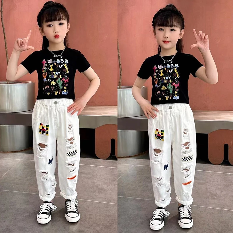 女童夏装套装2025新款儿童网红卡通洋气时髦运动破洞休闲裤两件套