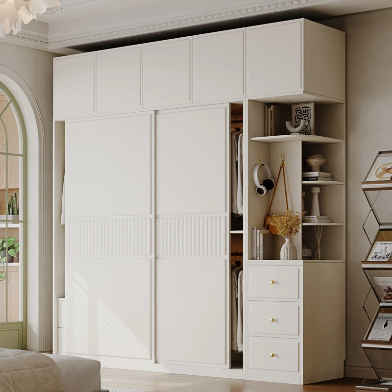 奶油风推拉门衣柜简约现代白色卧室储物柜子小户型家用滑移门衣橱