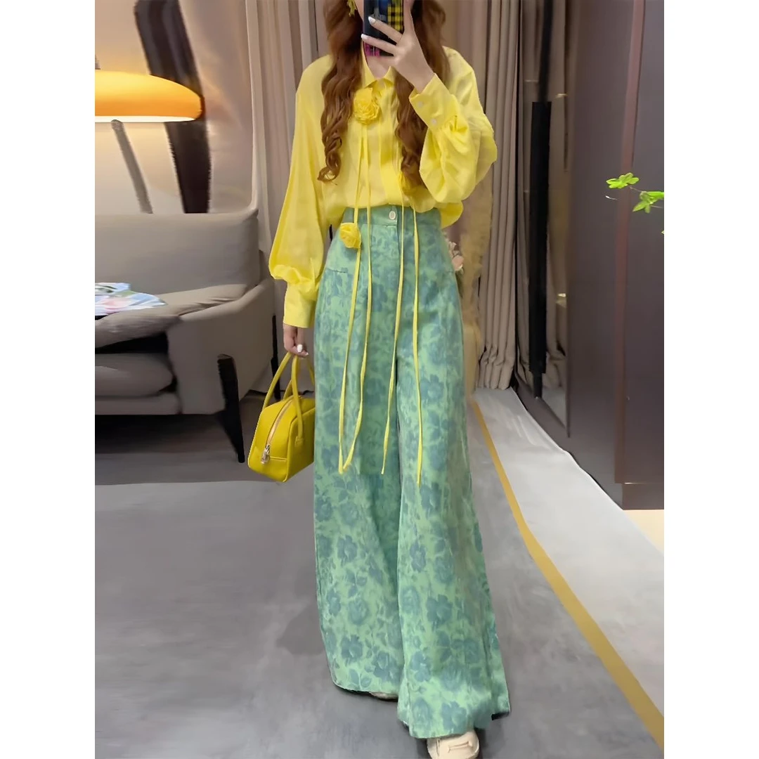 夏装搭配一整套2025新款轻熟立体花朵宽松衬衫印花阔腿裤两件套装