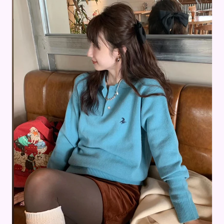 滑雪兔刺绣翻领全简约宽松针织衫上衣长袖时尚百搭纯色设计感