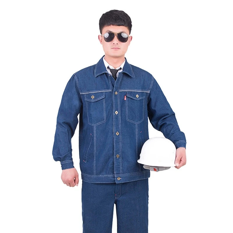 水洗牛仔夏季男士多口袋工作服防烫耐磨电焊工汽修船厂薄款长袖..