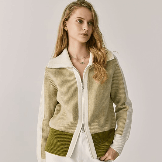 MB MindBridge2023新款双拉链女士针织秋季撞色毛衣简约休闲秋冬