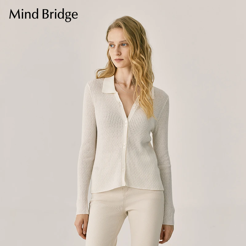 MindBridge早秋Polo领长袖针织衫女款白色开衫薄款小外搭休闲百搭