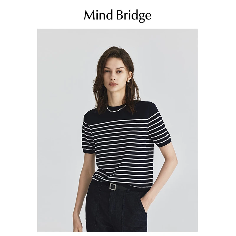 Mind Bridge【莱赛尔】条纹圆领针织女款短袖T恤女装夏季上衣打底