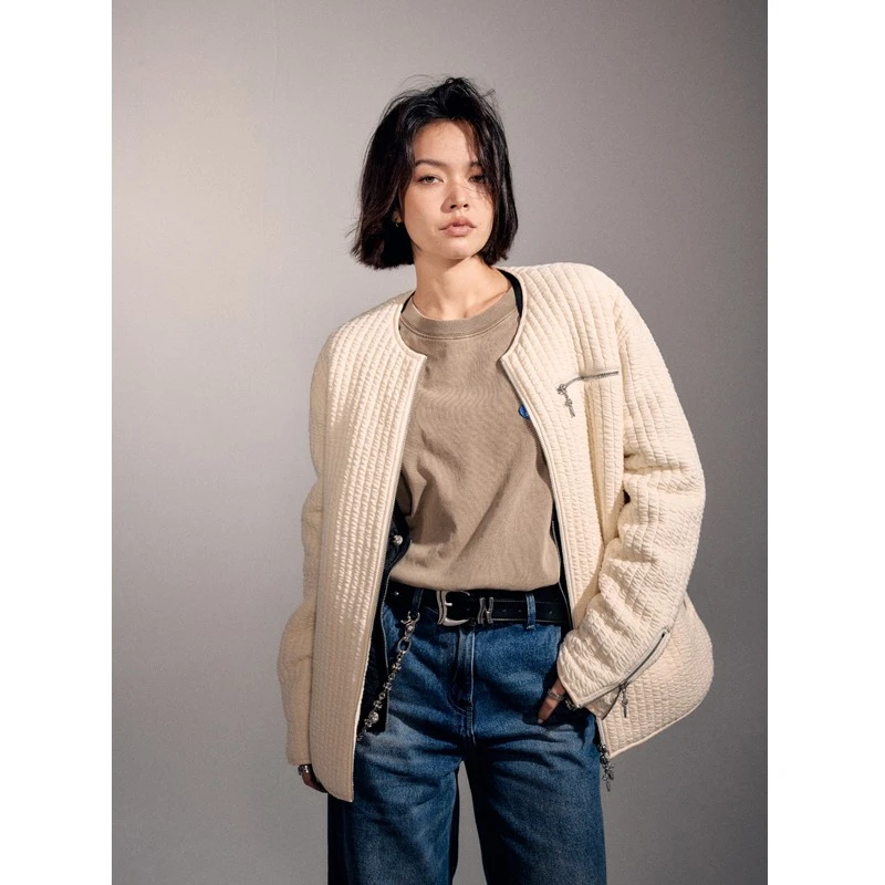 NRDR 杏色绗缝夹棉无领薄棉开衫【lamore】