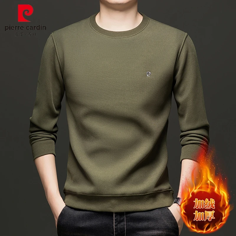 皮尔卡丹品牌刺绣男士加绒加厚卫衣2024冬季保暖打底衫中年爸爸装