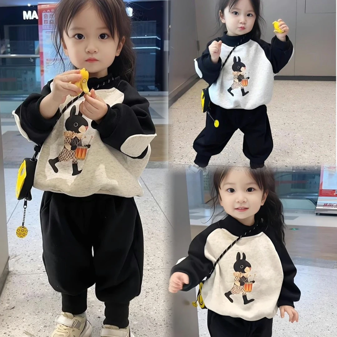 女童春秋季2024新款加绒卫衣男童卫裤两件套小童拼接上衣长裤韩版