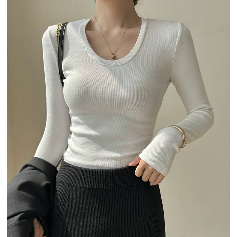 u领长袖t恤女修身内搭2024年秋季薄款简约纯色显瘦百搭打底衫上衣