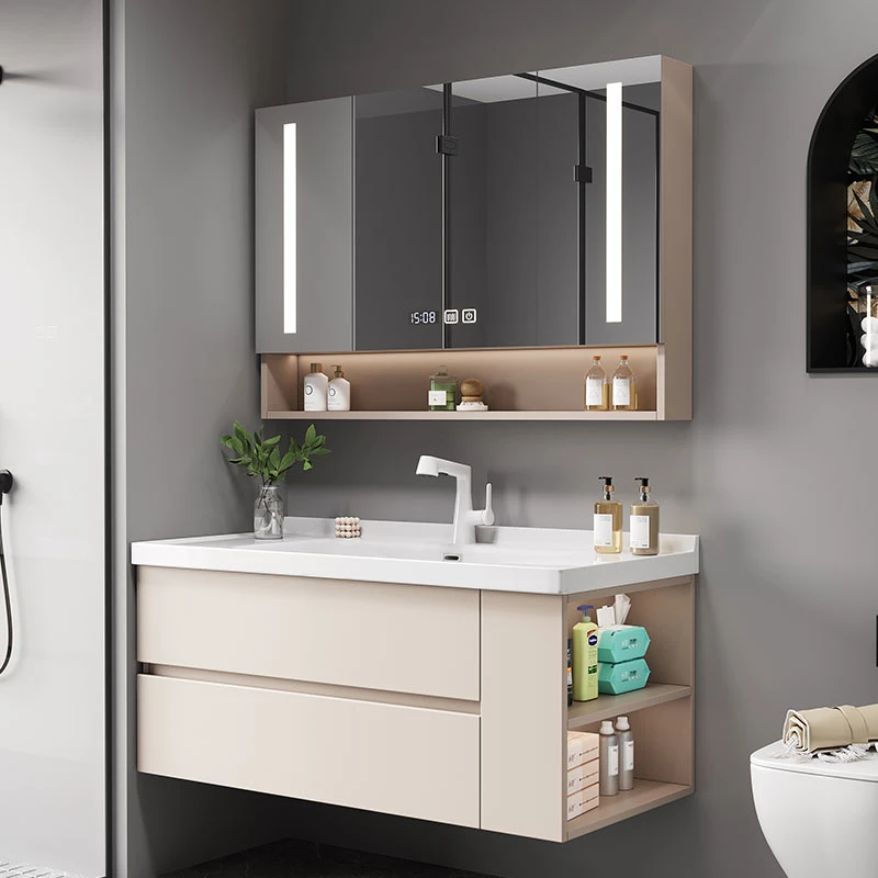 奶油风浴室柜镜简约现代陶瓷一体侧边收纳马桶柜