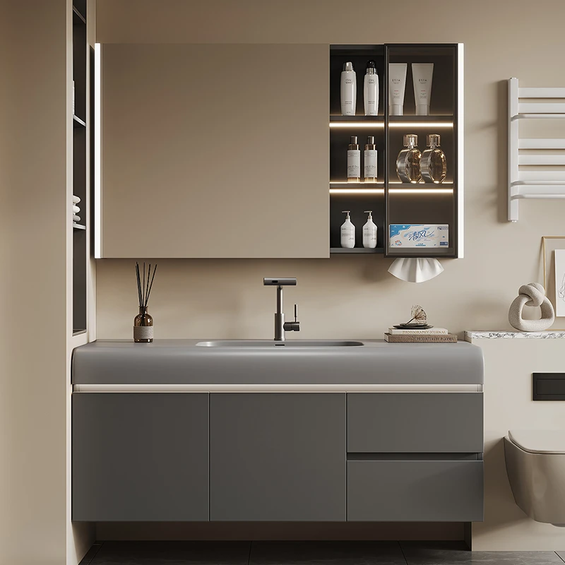 灰色智能浴室柜洗脸盆组合洗手台盆柜组合卫浴柜浴室柜陶瓷一体盆