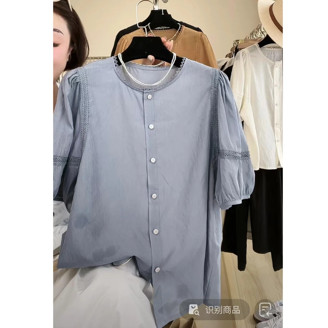 泡泡袖上衣女设计感小众夏季十三行胖mm大码宽松外穿百搭短袖衬衫