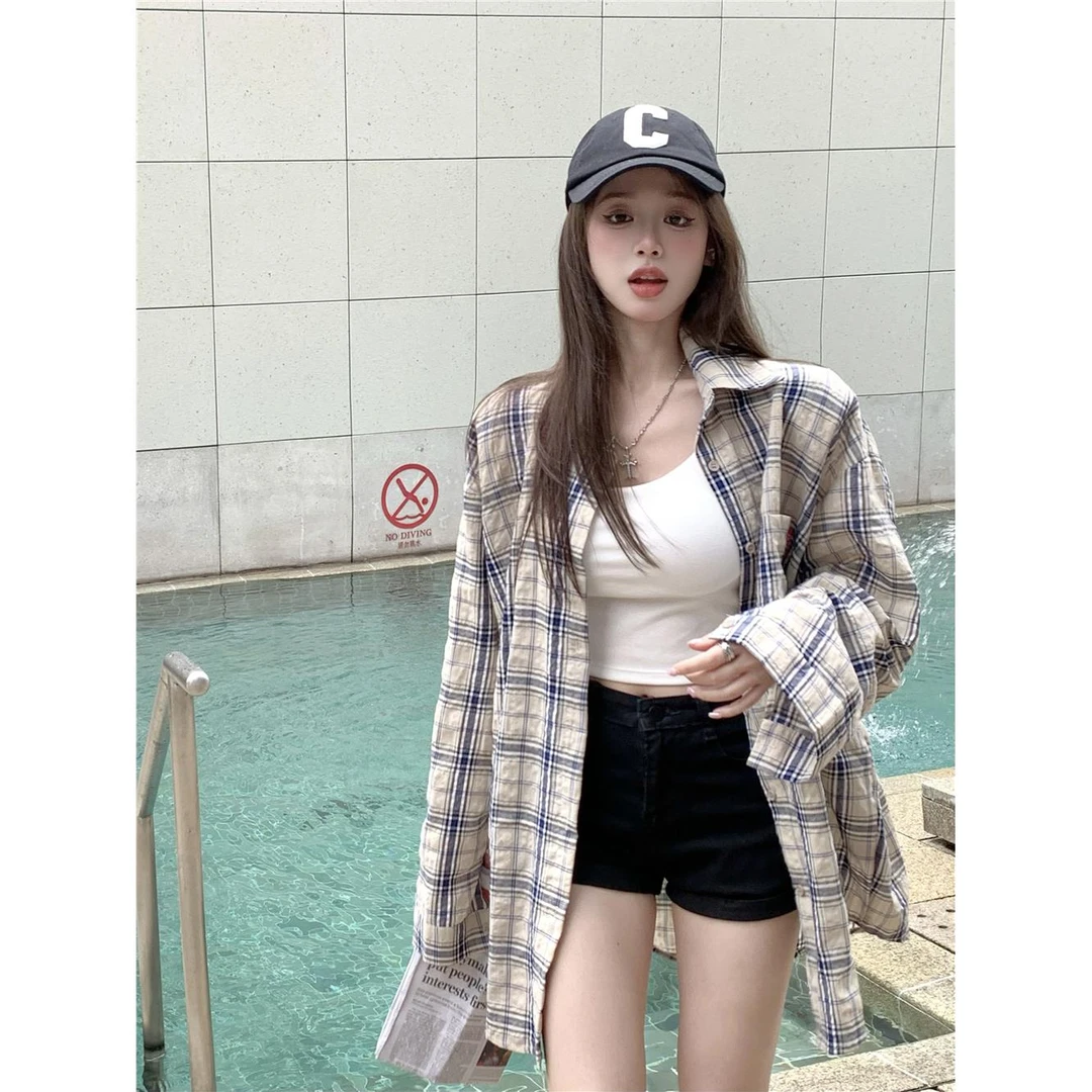 防晒格子衬衫外套女夏季薄款外穿衬衣2025新款慵懒风洋气百搭上衣